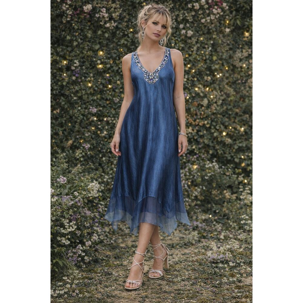 Komarov Beaded V-Neck Crinkle Silk Midi Dress Teal Blue Small Mermaid Fairy